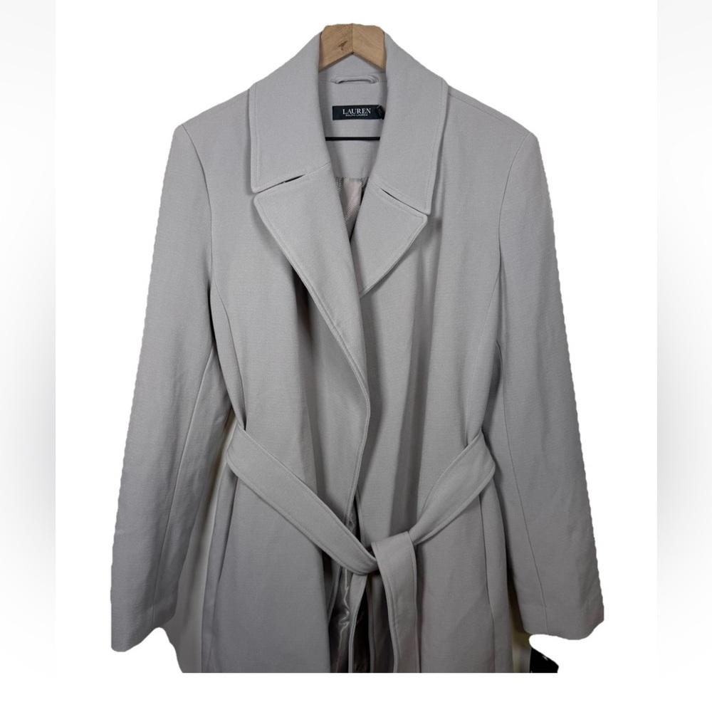NWT Lauren Ralph Lauren Gray Crepe Open Front Long Coat Jacket Belted Size L